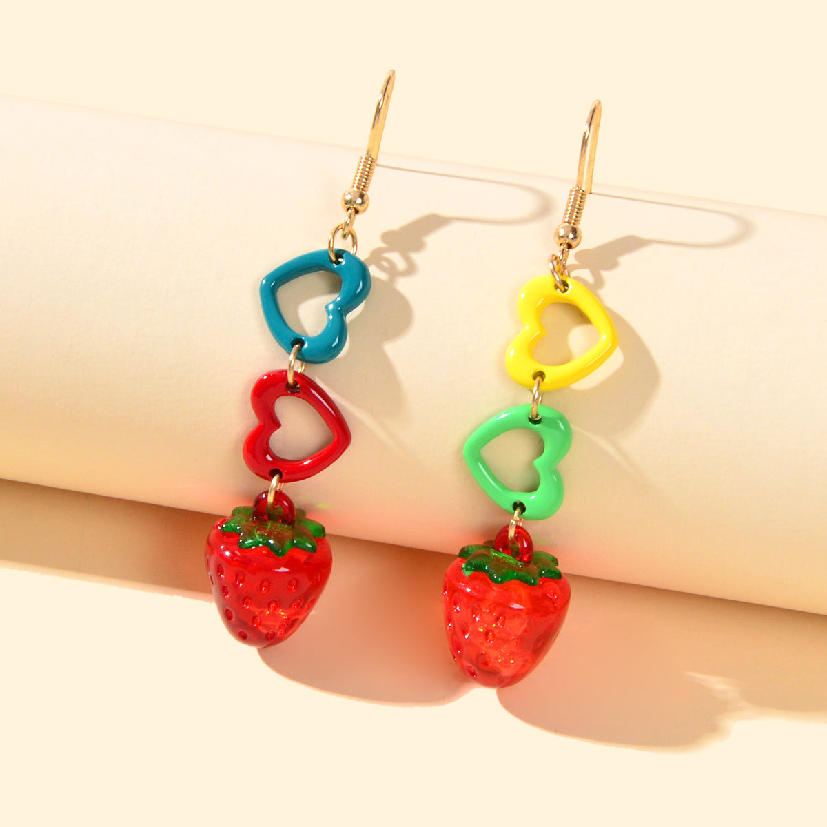 Colourful Heart Strawberry Earrings Long Dangle Drop Fruit Jewellery Funky Gift