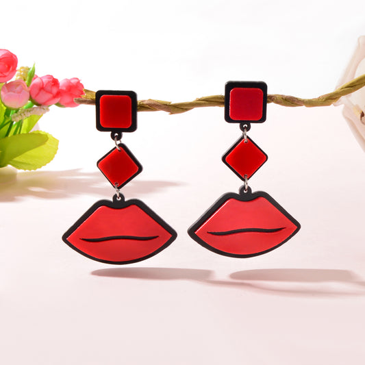 Playful Red Lips Pendant Long Stud Earrings Teenager's Expressive Fun Jewellery