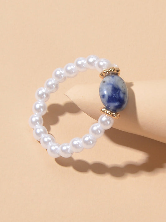 Retro Textured Jewellery Elastic Pearl Natural Stone Finger Ring Band for Women