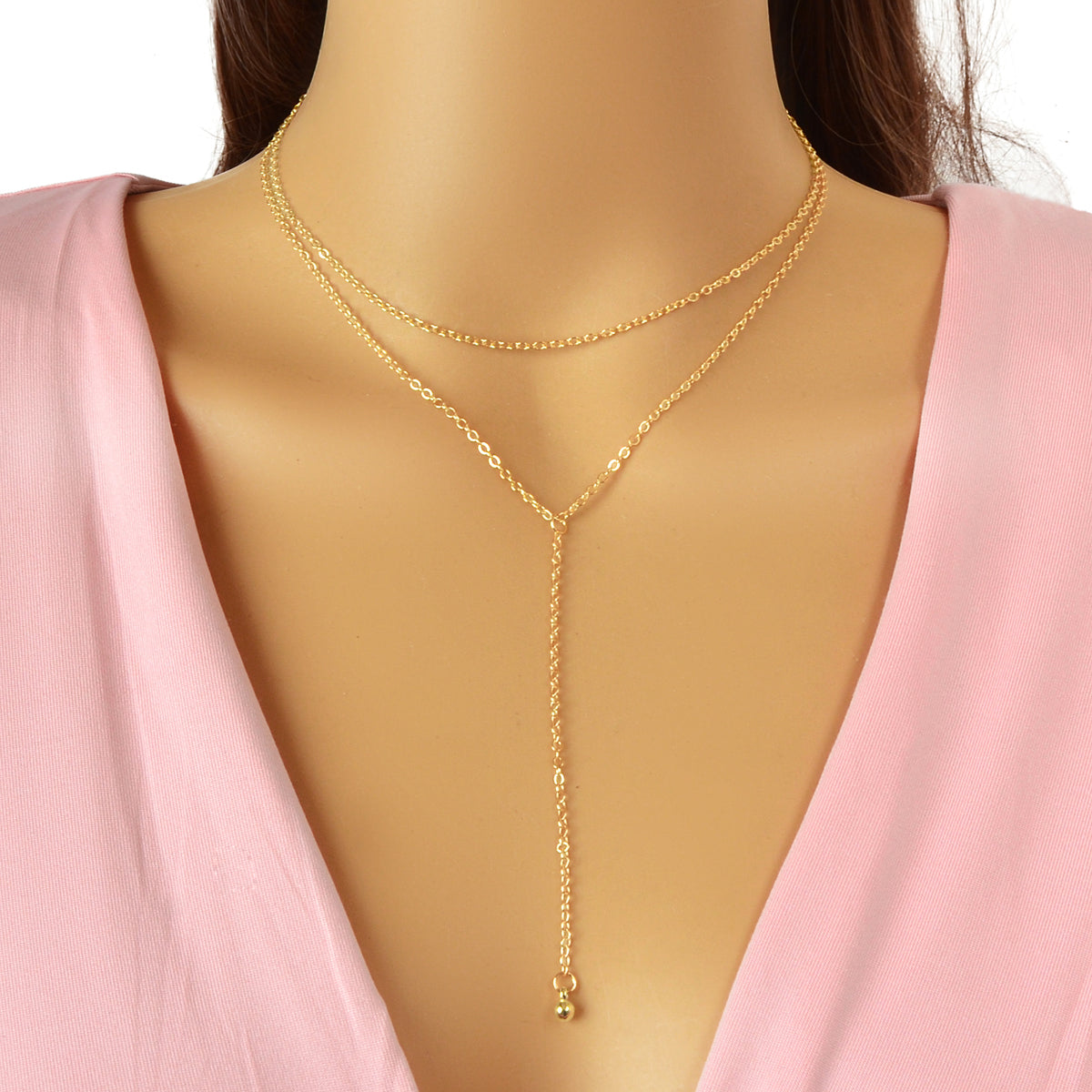 Trendy Double layer Gold Silver Chain Ball Charm Y Style Long Pendant Necklace