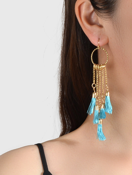 American Jewellery Ethnic Blue Tassel Long Gold Chain Dangle Bohemian Earrings