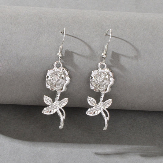 Party Decoration Women Silver Plated Flower Rose Carved Dangle Pendant Earrings
