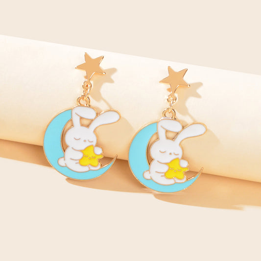 Star Moon Bunny Easter Stud Earrings Dangling Rabbit Ear Jewellery Holiday Gift