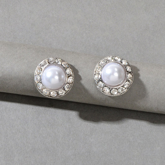 Elegant Sparkling Pearl Cubic Zirconia Round Stud Bridal Wedding Gift Earrings
