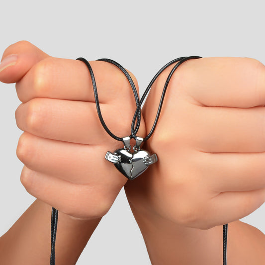 Couples Friendship Jewellery Set Pu Leather Black Magnetic Lovers Heart Necklace