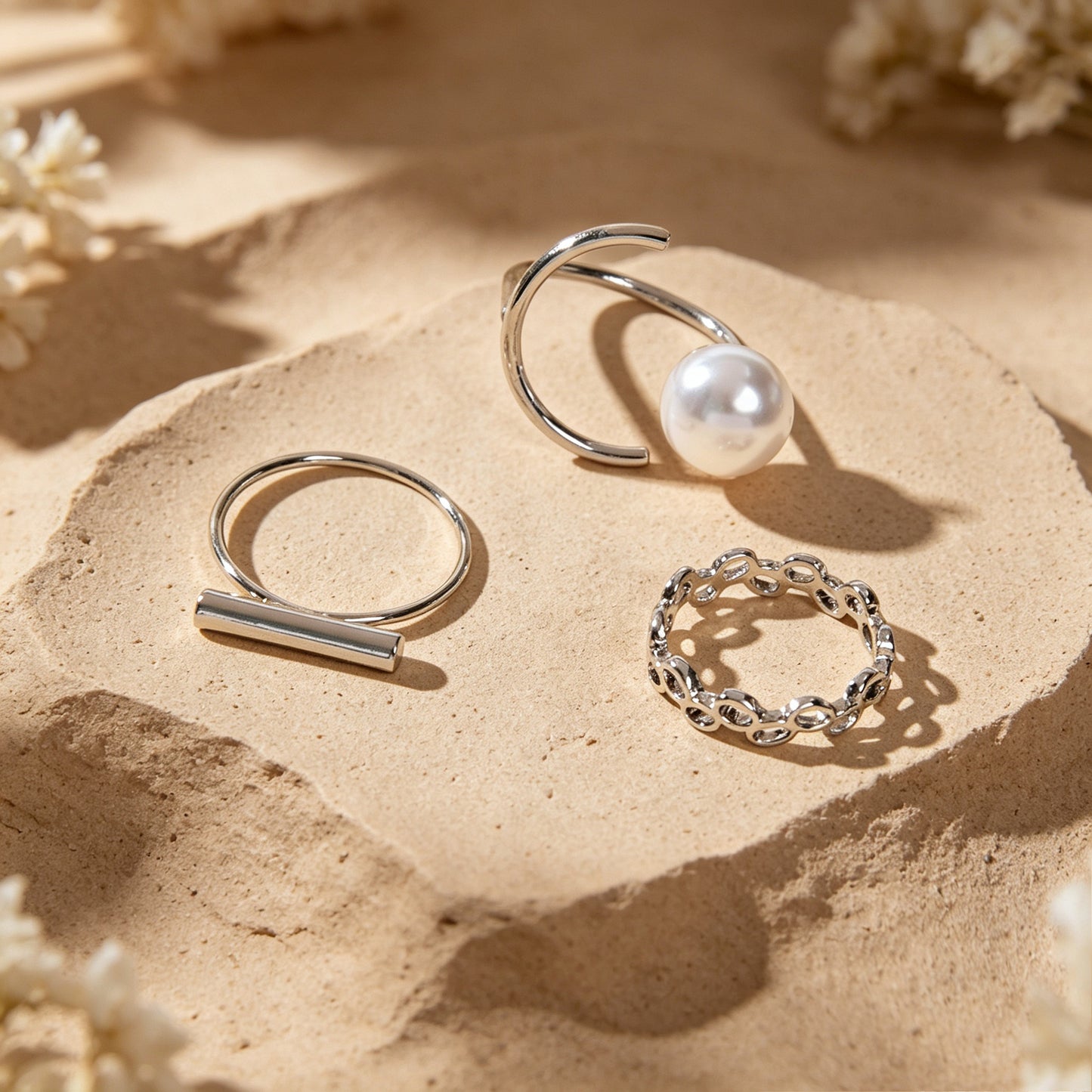 3pcs Minimalist Jewellery Imitation Pearl Bar Decor Stackable Midi Finger Rings