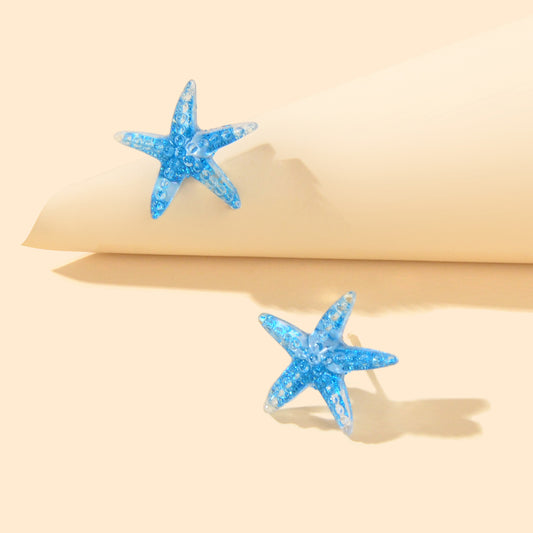 Ocean Beach Tribal Chic Blue Resin Starfish Stud Earrings Holiday Sea Jewellery