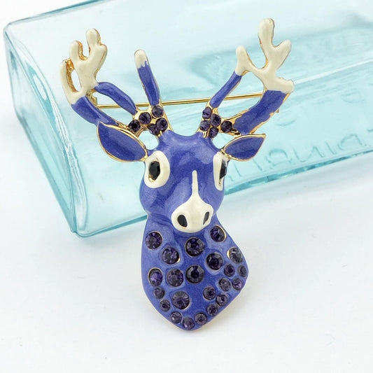 Delicate Xmas Jewellery Rhinestone Reindeer Brooch Purple Deer Head Animals Pin