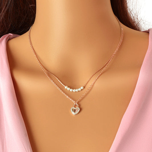 Double Layer Rose Gold Chain String Pearl Heart Lock Pendant Necklace Girlfriend