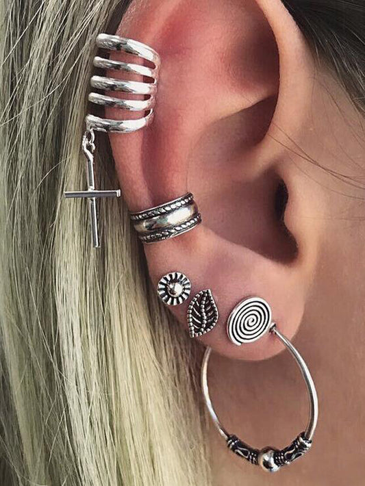 6 pcs Tribal Ethnic Antique Circle Cross Oxidized Intricate Hoop Stud Ear Cuff