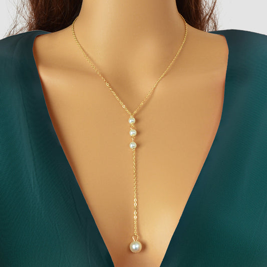 Dinner Jewellery Gold Chain Y Style Pearl Decor Long Pendant Lariat Necklace