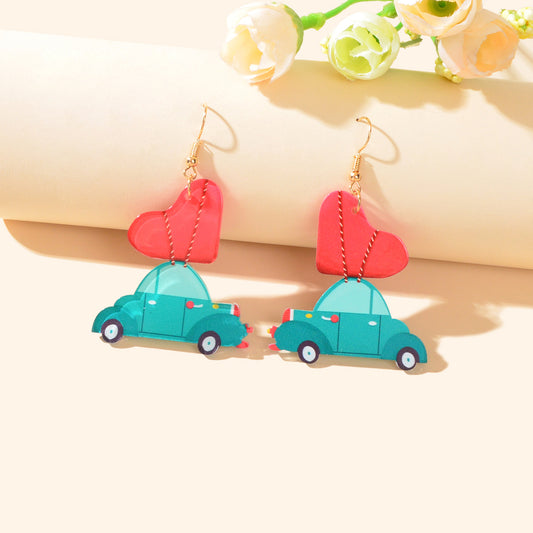 Sweet Acrylic Lightweight Red Heart Green Car Earrings Perfect Gift Jewellery