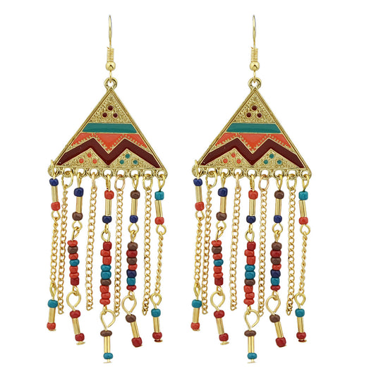 Triangle Colourful Enamel Beads Long Chain Tassel Ethnic Jewellery Boho Earrings