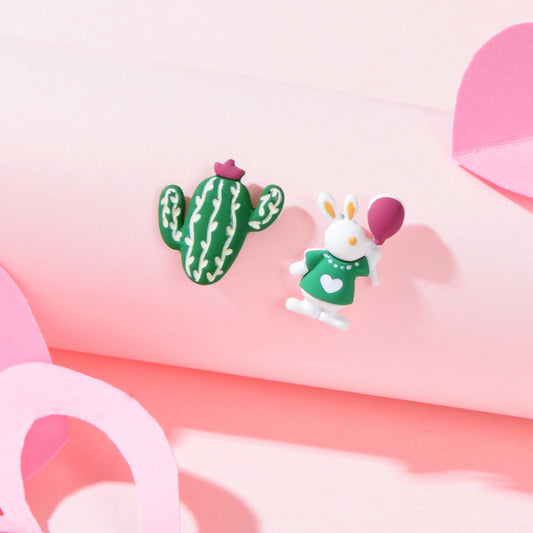 Funny Cartoon Green Cactus Easter Bunny Rabbit Animal Stud Asymmetrical Earrings