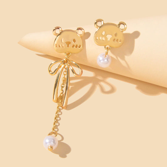 Asymmetrical Pearl Decoration Gold Long Chain Bear Dangle Stud Pierced Earrings