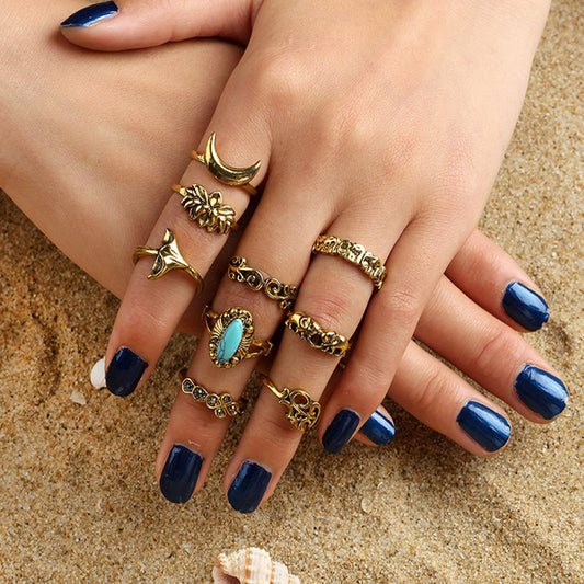 Stackable 9pcs Tribal Ethnic Lotus Elephant Moon Flower Multiple Bulk Rings set