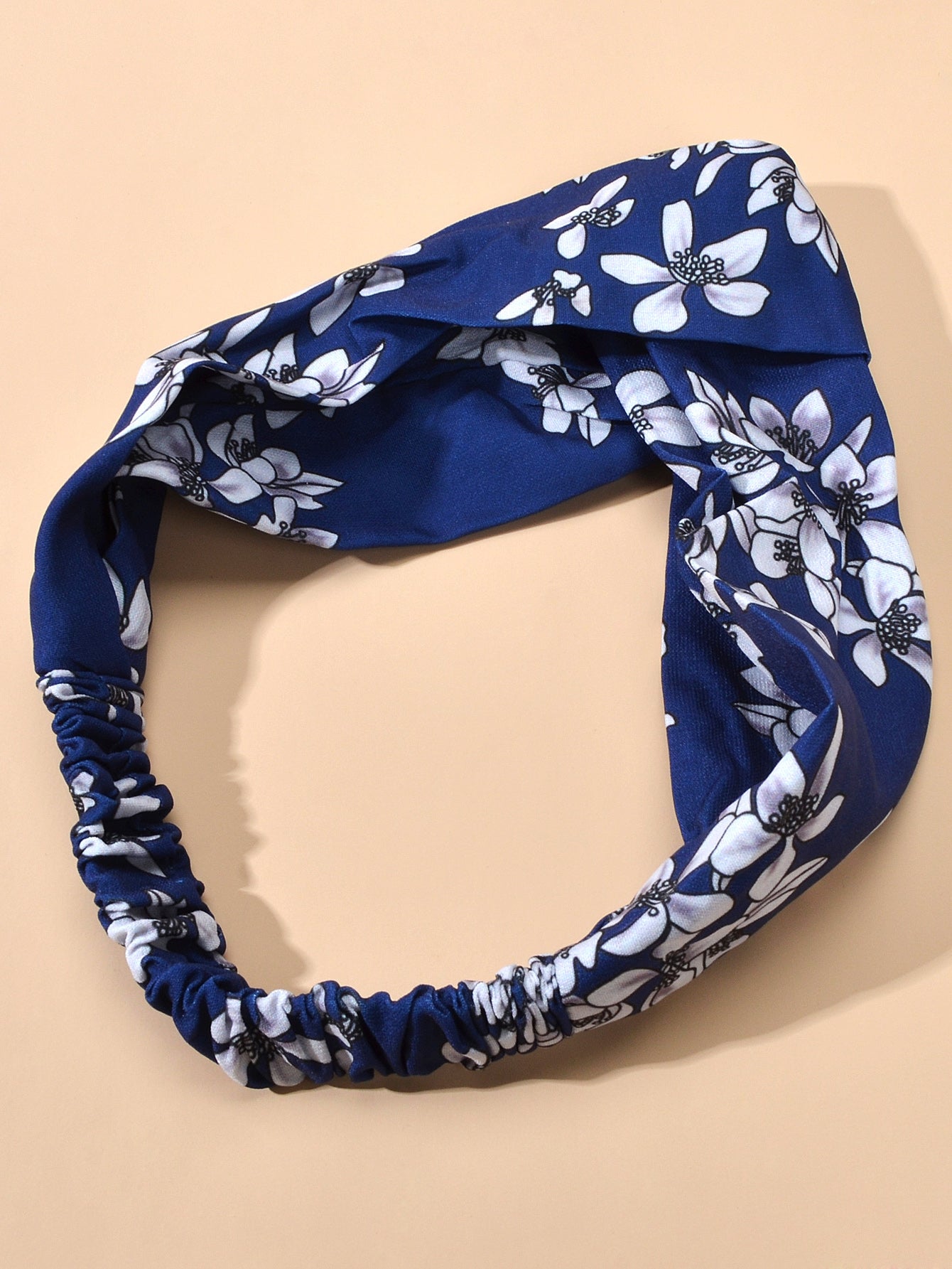 Ethnic Wide Headband White Flower Blue Stretch Elastic Turbans Stylish Hair Band