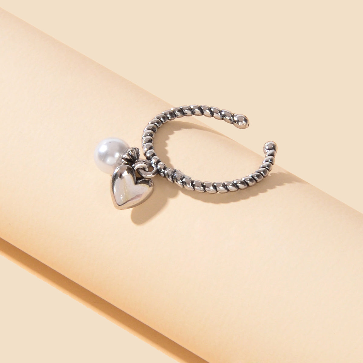 Vintage Silver Statement Antique Pearl Heart Charm Open Cuff Ring Women's Band