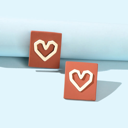 Girlfriend Gift Jewellery Love Heart Brown Square Stud Hypoallergenic Earrings