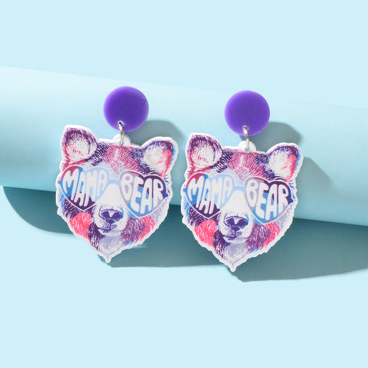 Stylish Purple Acrylic Letter Bear Head Dangle Earrings Women Party Decoration