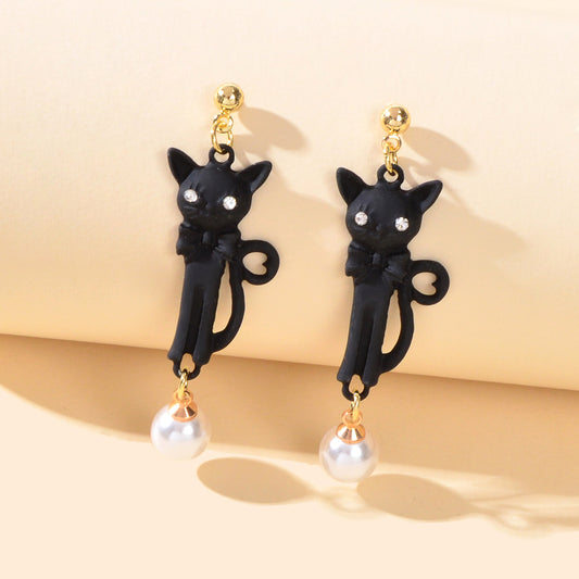 Funny Personality Creative Animal White Black Long Cat Dangling Element Earrings