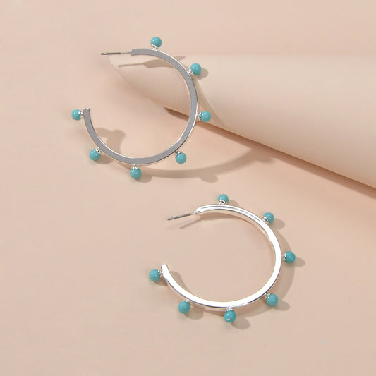 Designer Stylish Blue Hotpink Beads Silver Circle C Hoop Huggie Stud Earrings