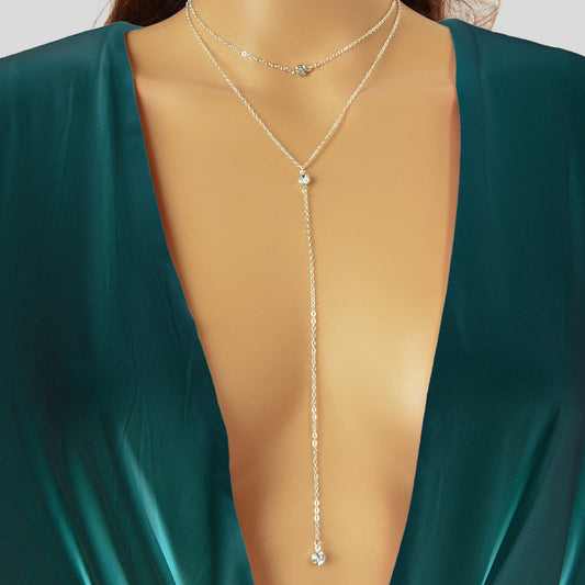Boho Chic Rhinestone Silver Double layer Chain Y-Drop Long Pendant Necklace Gift