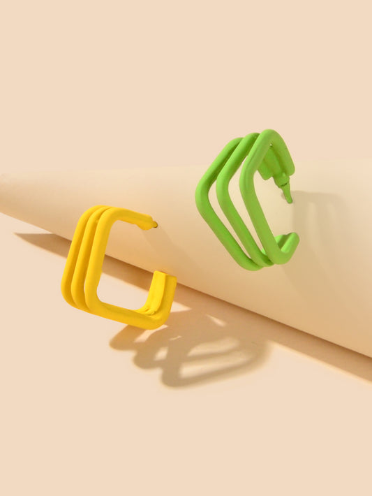 Unique Designer Yellow Green Geometric Personality Asymmetric Hoop Stud Earrings