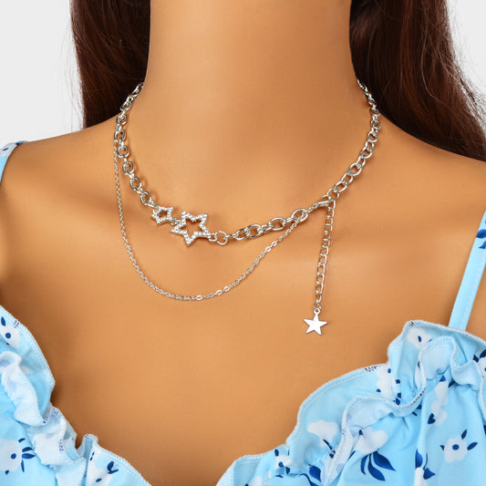 Designer Style Rhinestone Decor Gold Layered Chain Star Charm Clavicle Necklace