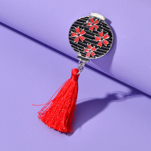Chinese Ethnic Style Red Flower Black Lantern Brooch with Tassel Lapel Pin Badge