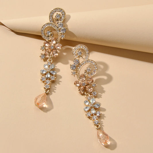 Rhinestone Crystal Decoration Flower Chandelier Earrings Luxury Wedding Jewelry