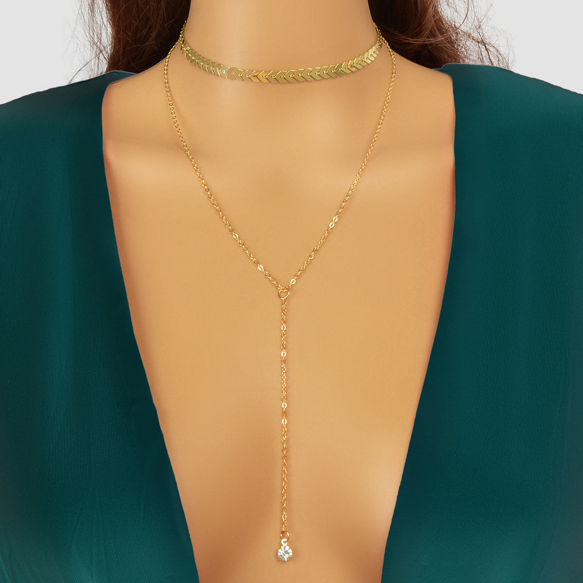 Double layer Chain Dangling Rhinestone Pendant Lariat Necklace Female Jewellery