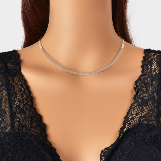 Punk Silver Minimalist Flat Herringbone Snake Chain Necklace Short Women Collar
