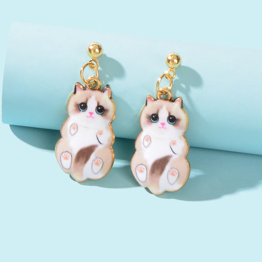 Lovely White Enamel Cat Charm Pierced Earrings Dainty Animal Jewellery for Women