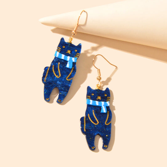 Funny Acrylic Blue Scarf Cat Dangle Drop Creative Unique Cartoon Pet Earrings