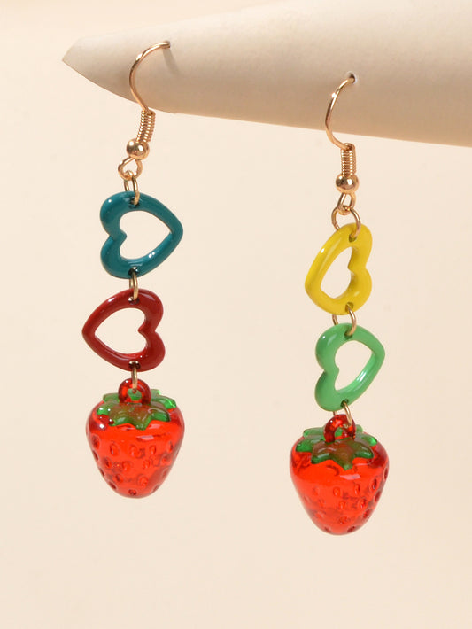 Colourful Heart Strawberry Earrings Long Dangle Drop Fruit Jewellery Funky Gift