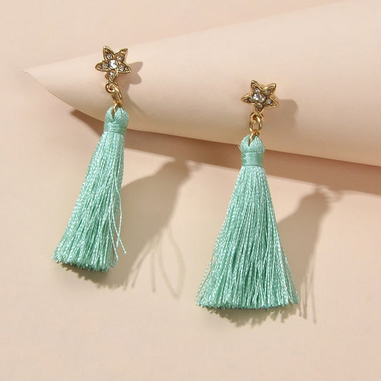Bohemian Ethnic Jewellery Rhinestone Star Green Tassel Dangle Holiday Earrings