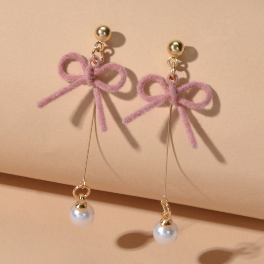 Charming Long Gold Chain Pearl Bowknot Dangle Lightweight Gift Holiday Earrings