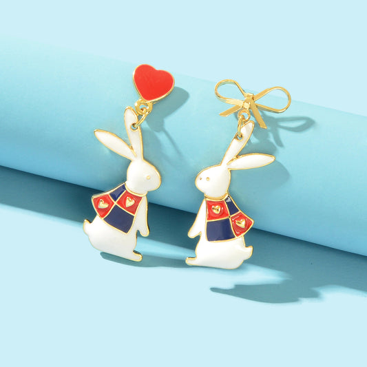 Cute Love Heart Bowknot Bunny Earrings Dangling Rabbit Stud Happy Easter Gift