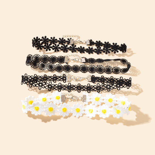 4 pcs Black White Hollow Lace Flower Tattoo Chokers Necklaces set Retro Collars