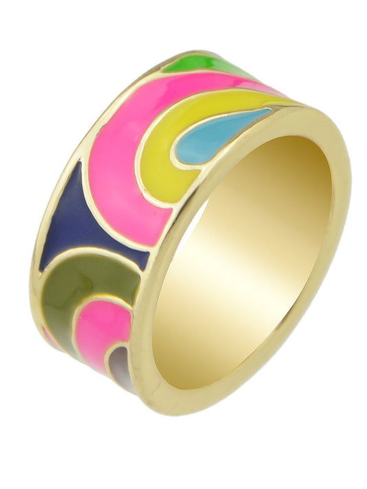 Ethnic Jewelry Geometric Pattern Colourful Enamel Gold Chunky Bohemian Band Ring