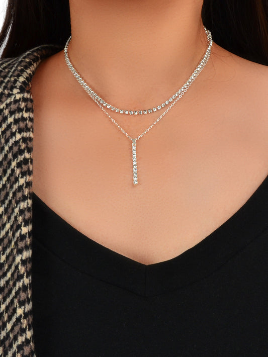 Trendy Shining Full Rhinestone Gold Silver Double layer Chain Bar Charm Necklace