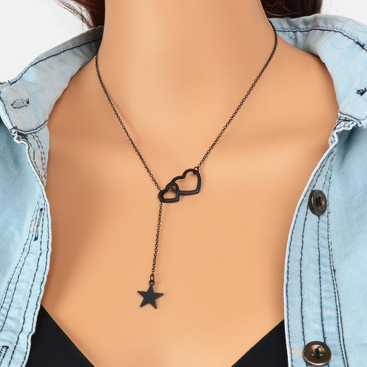 Black Chain Double Hearts Linked Star Pendant Y Lariat Necklace Clavicle Collar