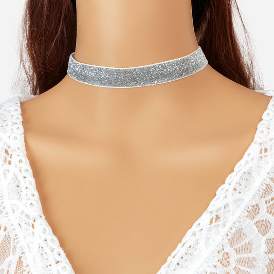 Shiny Gray Tattoo Choker Ribbon Stretch Necklace for Party Fashion Women Collar