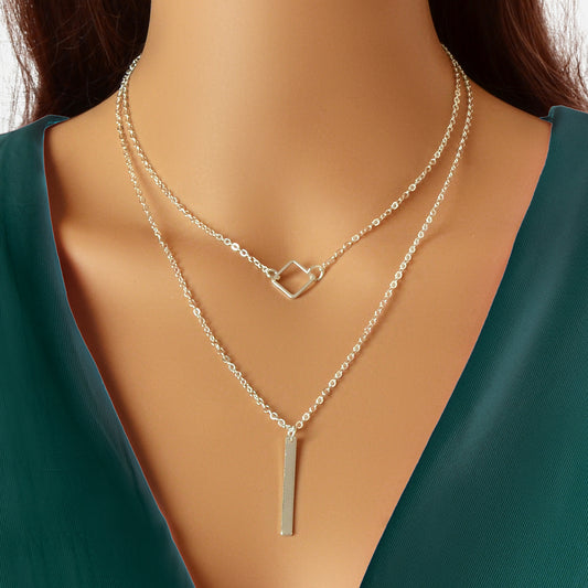 Double Layer Silver Chain Y Style Square Bar Pendant Necklace Party Accessories