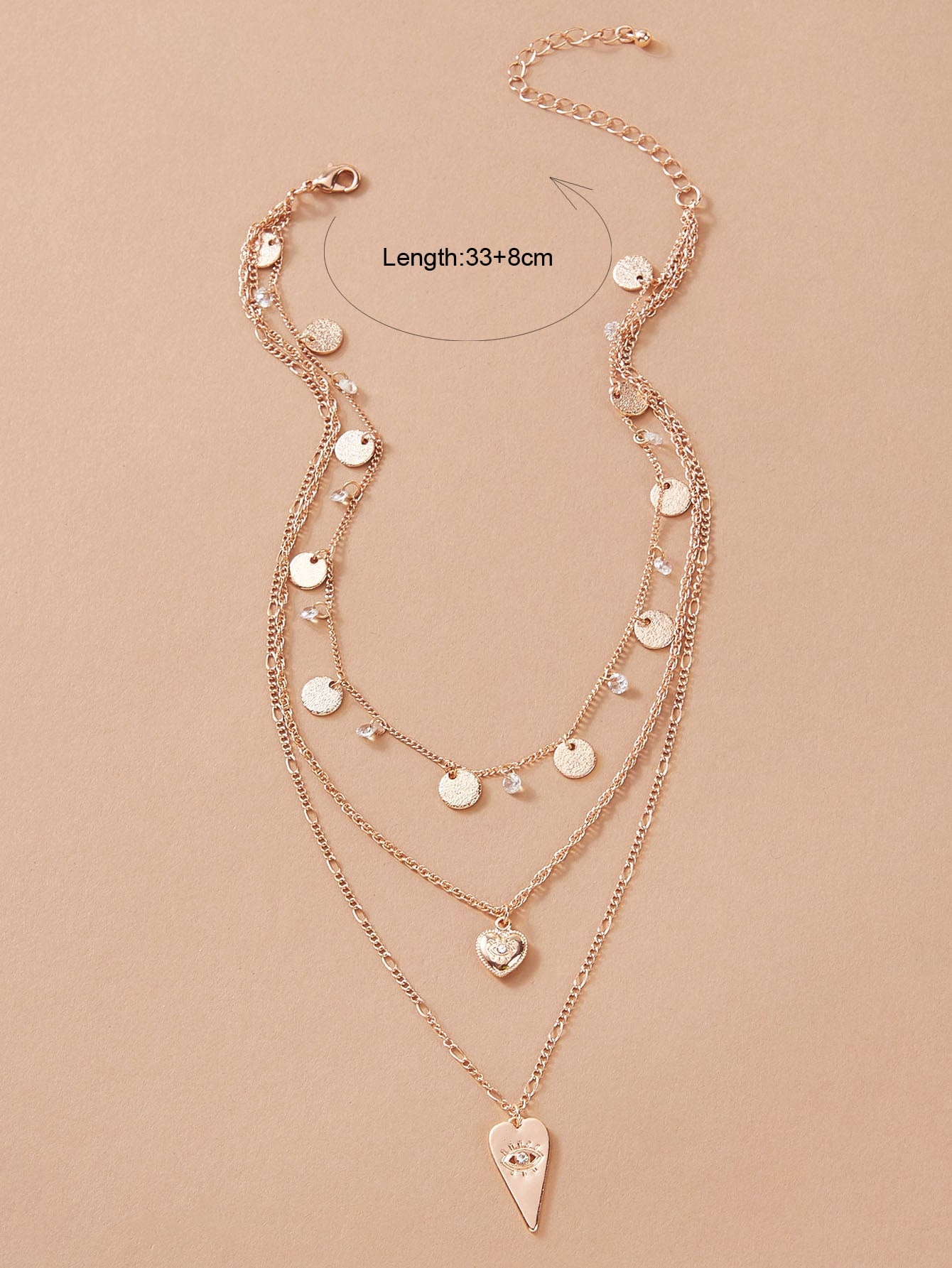 Stylish Triple-Layered Round Disc Heart Pendant Necklace Girls Unique Jewellery