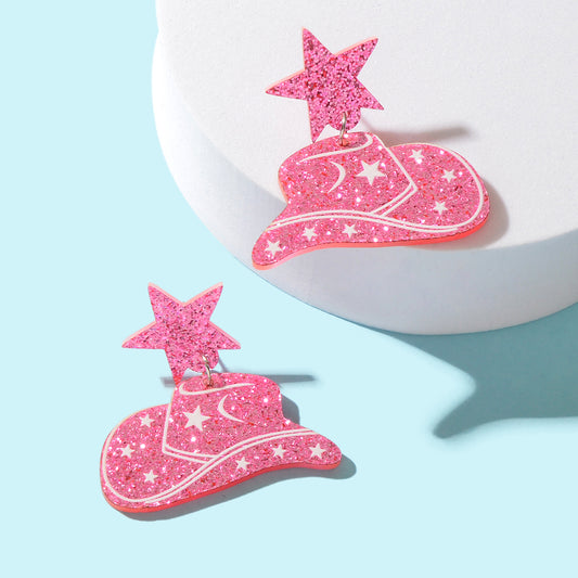 Sparkling Y2k Style Pink Acrylic Cowboy Hat Star Earrings Women Party Jewellery