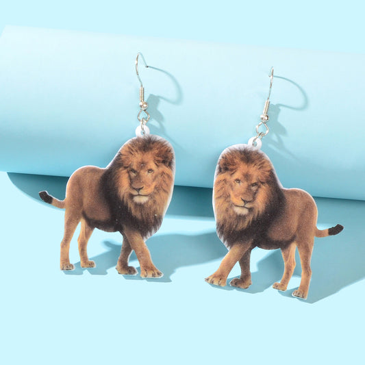 Brown Acrylic Lion Dangle Statement Earrings Cool Animal Costume Jewellery Gift