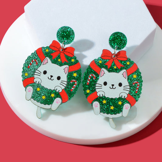 Christmas Green Acrylic Garland Lovely Cat Dangle Earrings Girl Festival Jewelry