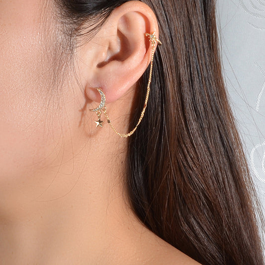 Star Moon Chain Stud Ear Cuff Wrap Clip On Crawler Climber Cartilage Earrings